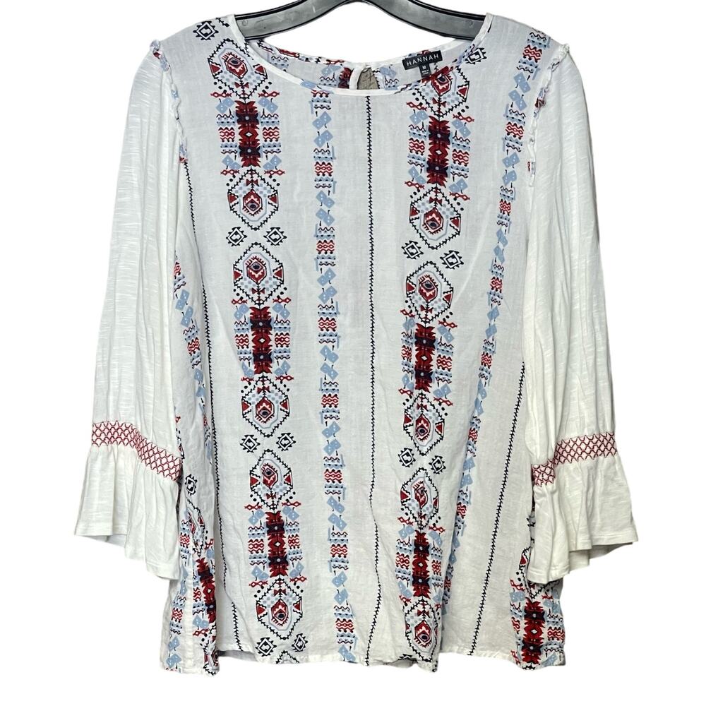 Hannah 3/4 sleeve lightweight top boho white blue red lightweight size medium